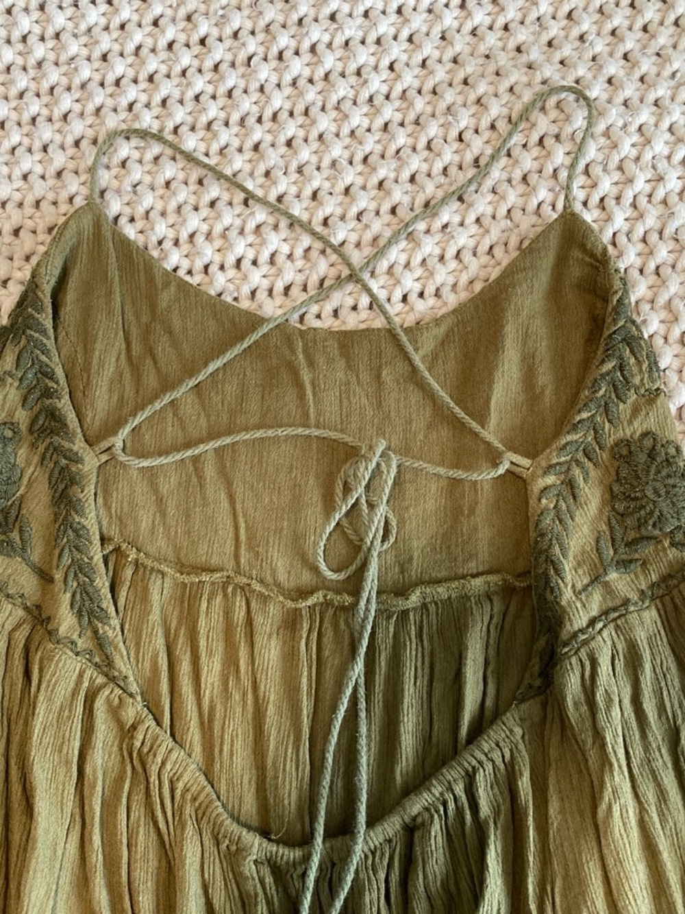 Free People Boho Blackbird Olive Green Embroidered Spaghetti Strap Camisole - Picture 4 of 8